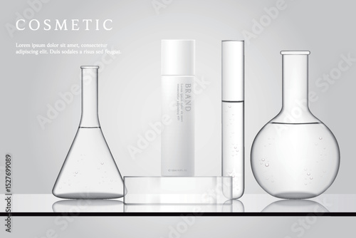 Cosmetic product ads template on gray lab background with laboratory glassware.