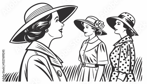 women in retro dresses and wide-brimmed hats, vintage elegance and charm Set collection bundle sketch engraving generative ai vector illustration. Scratch board imitation. Black and white image.      