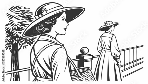 women in retro dresses and wide-brimmed hats, vintage elegance and charm Set collection bundle sketch engraving generative ai vector illustration. Scratch board imitation. Black and white image.      