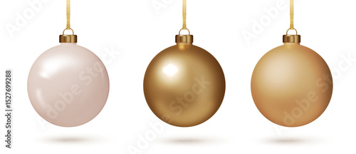 Golden Christmas bauble set. 3D Realistic ornaments for holiday tree or festive project. Vector EPS.