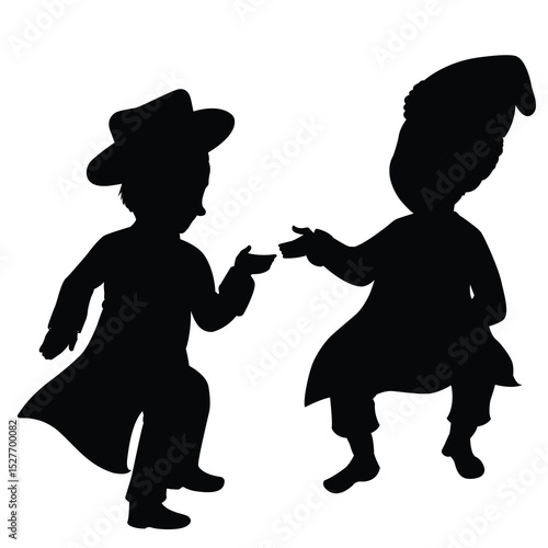 Cute cartoon hand drawn vector two dancing elves silhouette.
