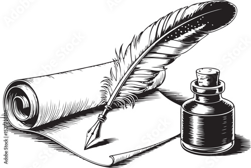 engraving vintage quill inkwell on parchment  vector art illustration, old vintage quill design.