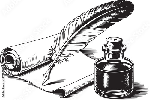 engraving vintage quill inkwell on parchment  vector art illustration, old vintage quill design.