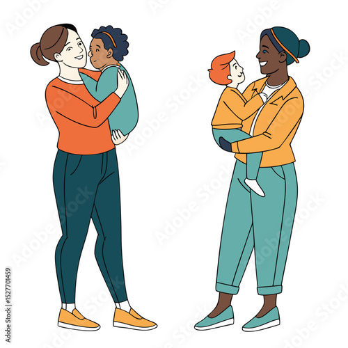 Two mothers of different ethnicities holding their children lovingly in their arms
