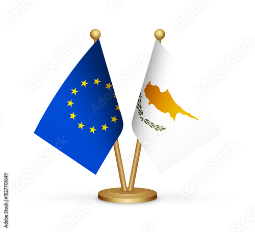 EU European Union and Cyprus flags mockup 3d illustration. Versus table flags of European Union and Cyprus transparent png