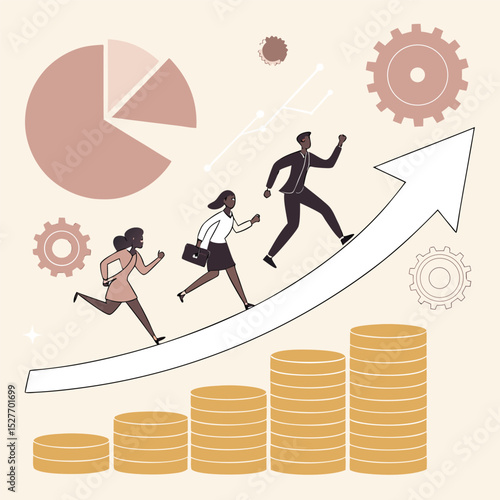 Diverse team running up arrow towards success with investment and business growth