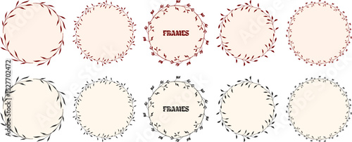 Red and black round leaf border frames in various shapes, hand-drawn leaves