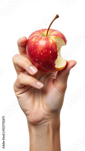 A hand holding a red apple with a bite taken out of it, set against a white background.