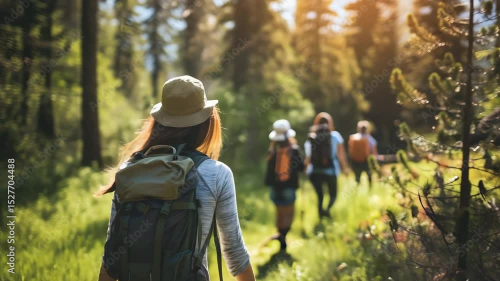 Hiker with backpack and hat walking on forest trail with group enjoying nature and sunlight during outdoor adventure together Hiker with backpack and hat walking on forest trail with group enjoying nature and sunlight during outdoor adventure together