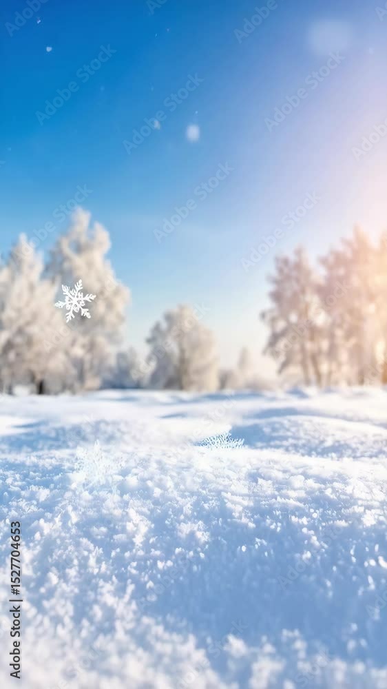 Snow covered field and trees in gentle sunshine with delicate snowflakes falling from a clear blue sky winter background Snow covered field and trees in gentle sunshine with delicate snowflakes falling from a clear blue sky winter background