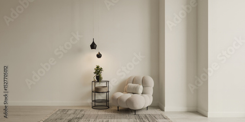Minimalist modern living room interior with cozy beige armchair, black pendant lights, and green houseplant on neutral rug
