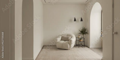 Minimalist modern living room interior with cozy beige armchair, black pendant lights, and green houseplant on neutral rug

