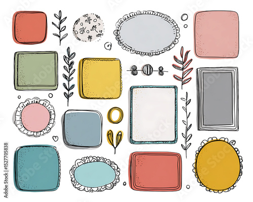 Hand Drawn Pastel Frames and Floral Elements, PNG