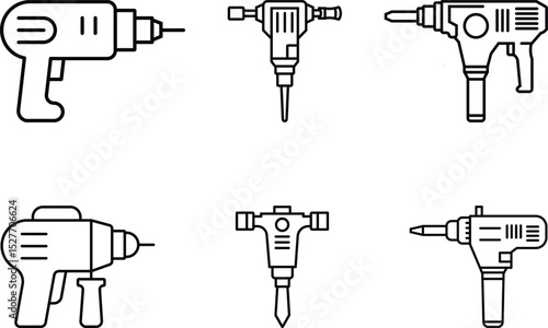 Minimalist Line Art Set of Six Power Tools in Black and White