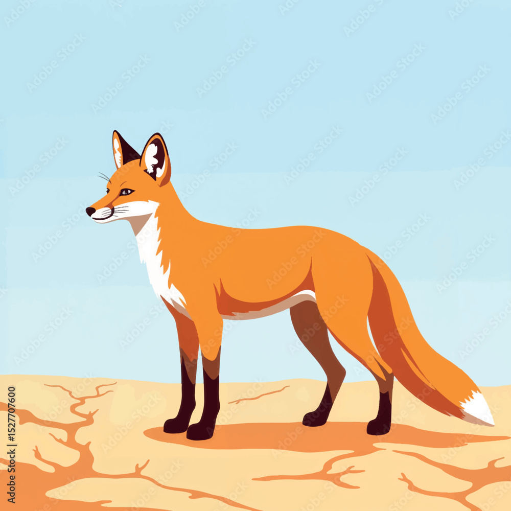 Obraz premium Desert fox standing on cracked earth under blue sky, resilience