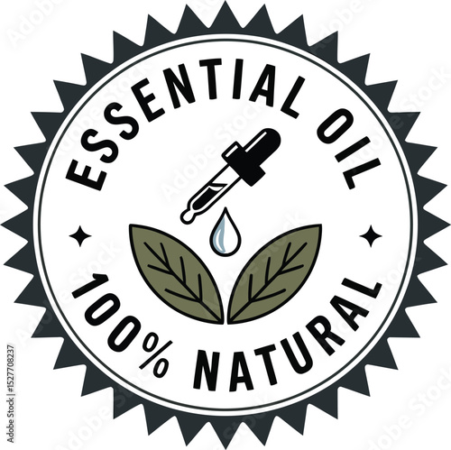 Essential Oil 100% Natural Sticker with Pipette, Drop, and Leaves Icon Design for Health