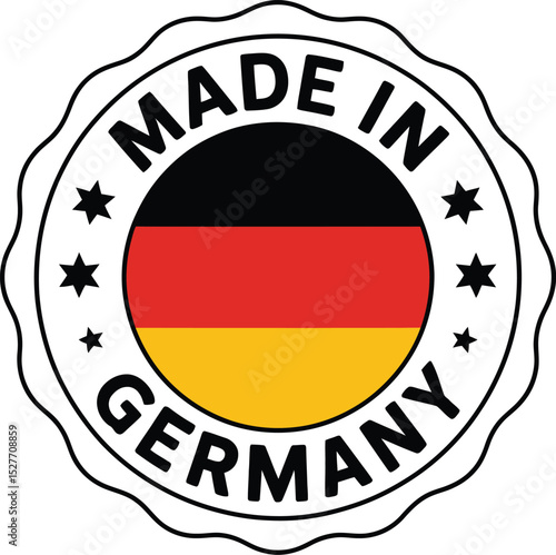 Round Made in Germany Product Label with German Flag and Star Decorations Isolated