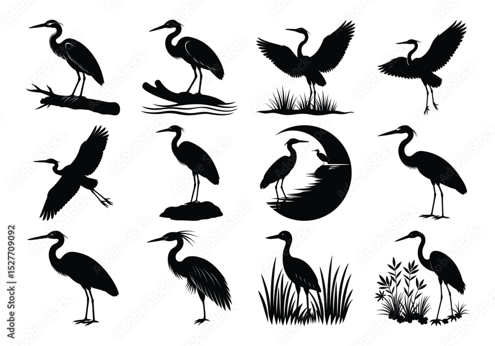 Fototapeta premium Silhouette Set of Herons in Wetland Nature Scenes – Vector Illustration Collection on white background