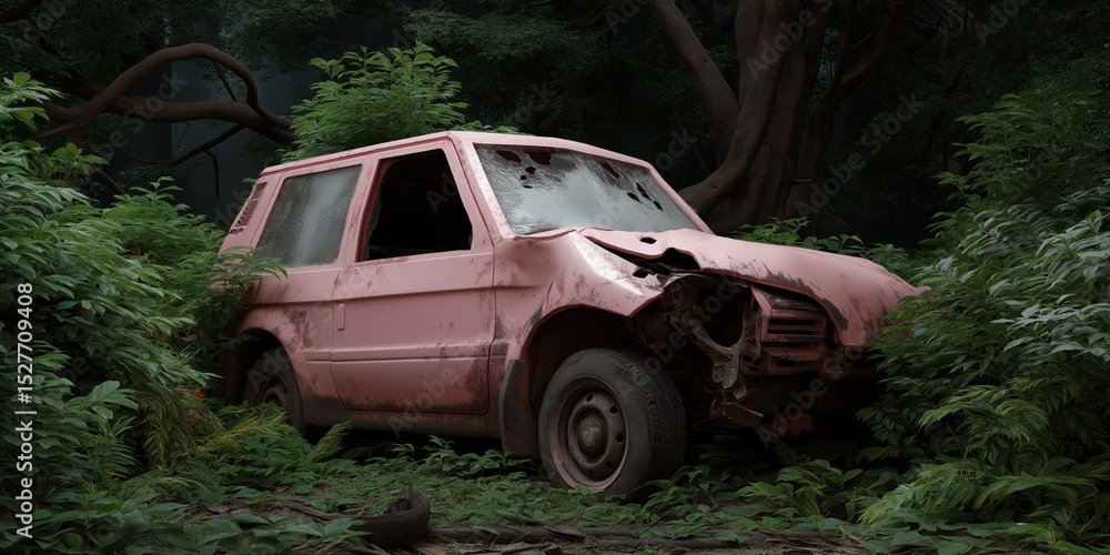 Abandoned rusty car surrounded by dense forest vegetation Abandoned rusty car surrounded by dense forest vegetation