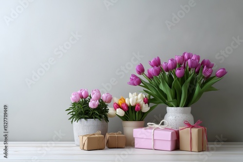 Wallpaper Mural Beautiful tulips and gift boxes arrangement on wooden surface Torontodigital.ca