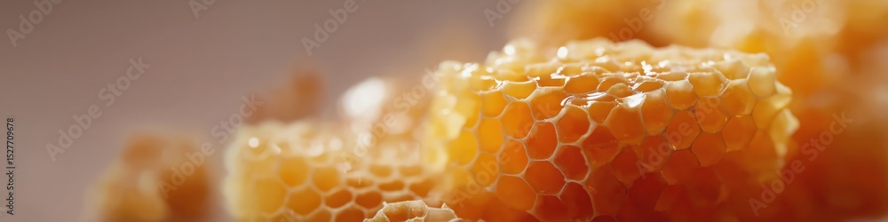 Close-up of hexagonal honeycomb structure with golden honey drips Close-up of hexagonal honeycomb structure with golden honey drips