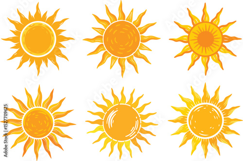 Six unique sun designs perfect for branding logos icons and summer themes offering scalable graphic elements for various projects