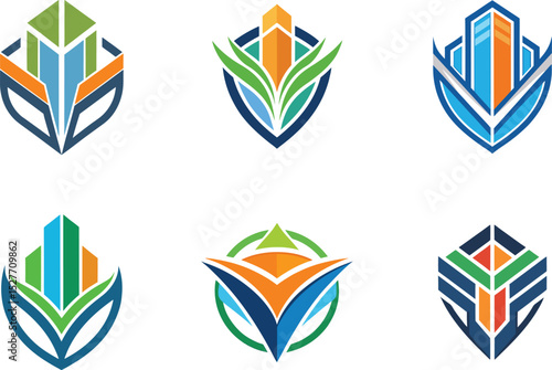 Modern building logo designs showcasing urban growth and eco-friendly concepts ideal for real estate branding and corporate identity