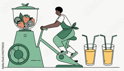 Man in apron pedaling stationary bike powering large green blender with fresh fruit slices and two juice cups in modern minimalist style    