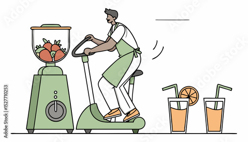Man in apron pedaling stationary bike powering large green blender with fresh fruit slices and two juice cups in modern minimalist style    