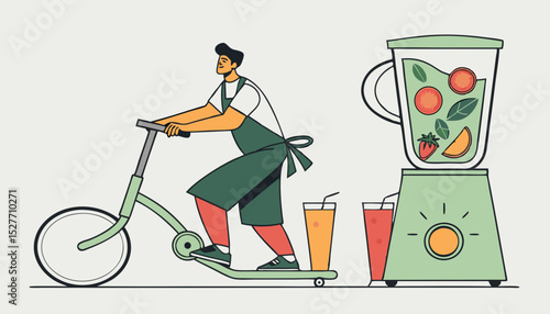Man in apron pedaling stationary bike powering large green blender with fresh fruit slices and two juice cups in modern minimalist style    