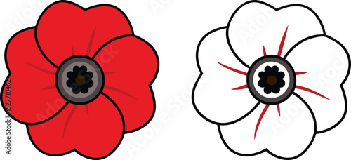 Symbolic representation of remembrance day poppies one red and one white against a white background