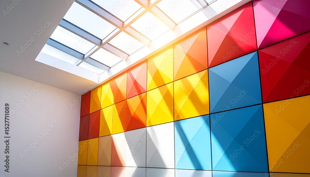 Fototapeta premium Geometric wall with sharp color-blocked panels in vivid tones, illuminated by natural sunlight through overhead skylight