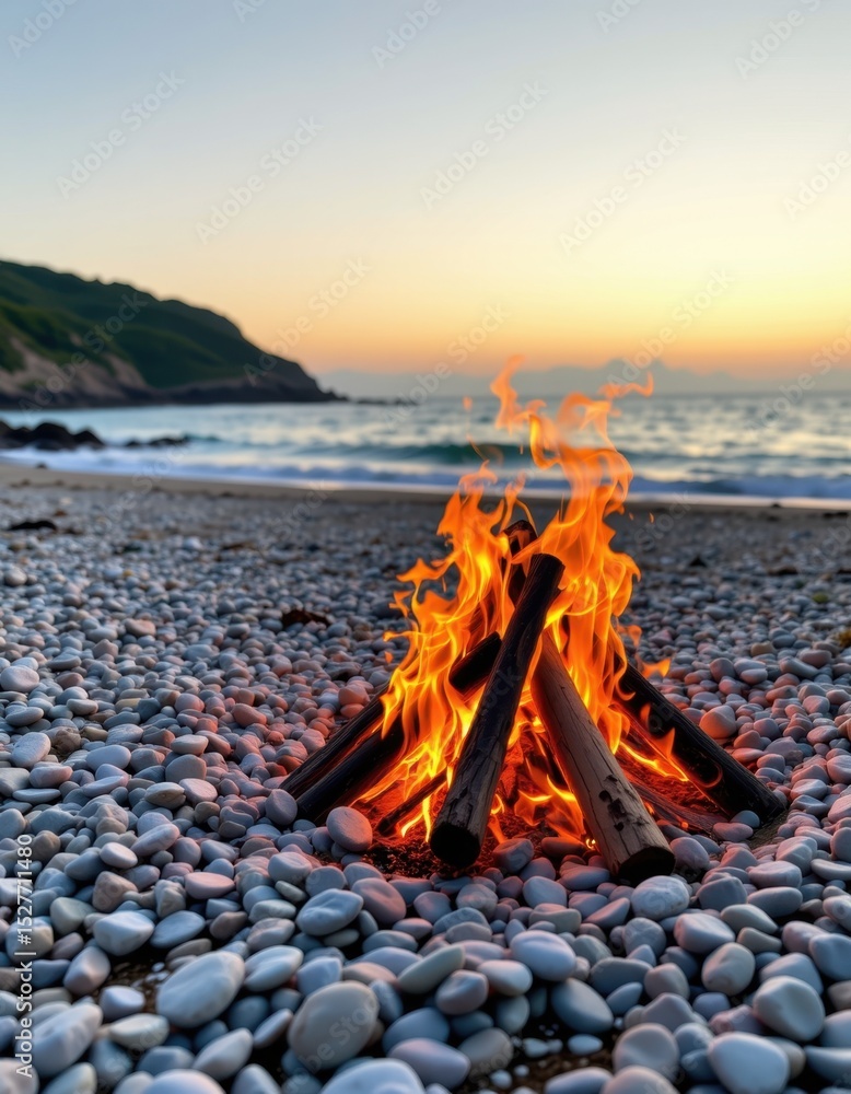 Fototapeta premium Beach campfire gathering at sunset coastal landscape outdoor photography serene atmosphere