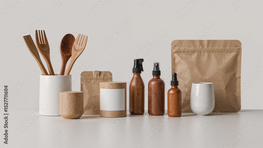 Naklejka premium Light Bleached Wood Kitchenware with Eco-Friendly Arrangement in Flat Lay