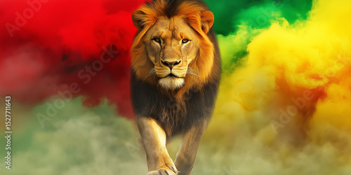  Majestic Lion walking through a  smoke cloud 