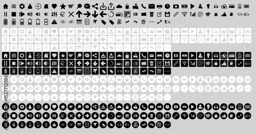 Pacote de Ícones Minimalistas - Interface, Tecnologia, Mídia, Web, Navegação e Comunicação UI UX, Conjunto de ícones vetoriais minimalistas em preto e branco, ideais para interfaces.
