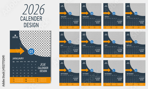 2026 wall calneder Design tampleate, 12 page wall calender design tampleate