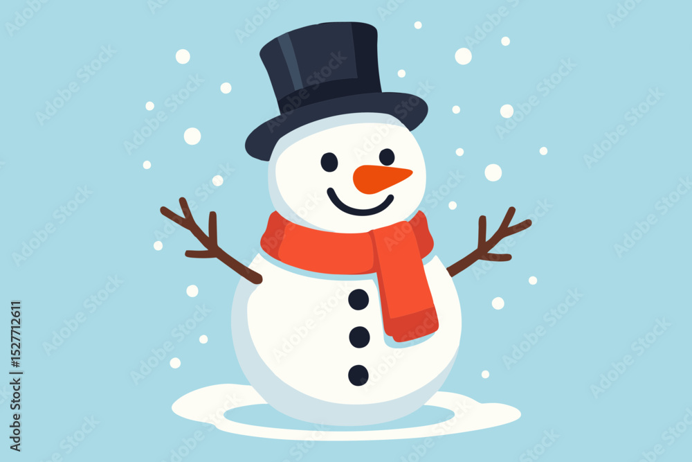 Smiling Snowman with Top Hat and Scarf in Falling Snow Smiling Snowman with Top Hat and Scarf in Falling Snow