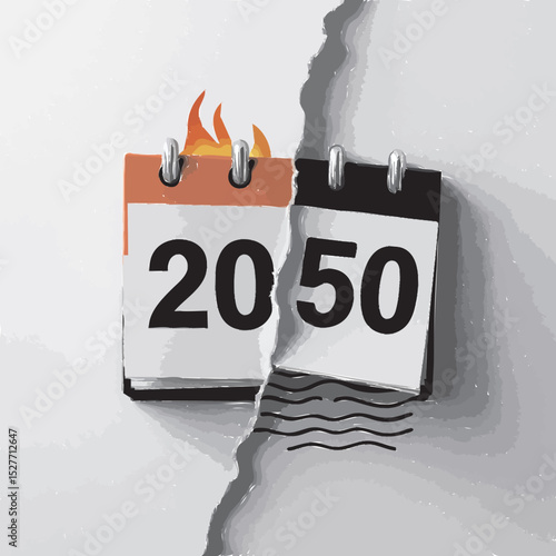 A digital calendar page for 2050 torn in half by flames and water, symbolizing the deadline for mitigating economic losses from climate events.