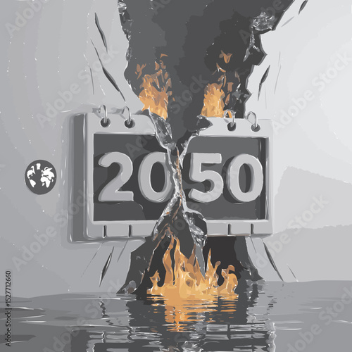A digital calendar page for 2050 torn in half by flames and water, symbolizing the deadline for mitigating economic losses from climate events.