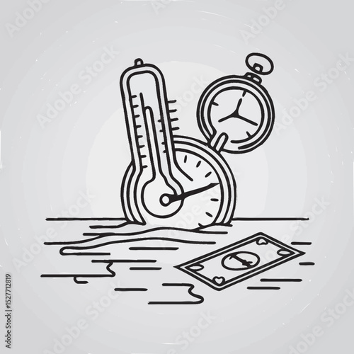 A thermometer melting into a pocket watch beside a submerged currency note, indicating time-sensitive economic losses from extreme weather.
