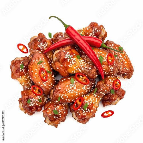 A stack of cooked chicken wings with a reddish-brown glossy coating. Featuring white sesame seeds, chopped green herbs, and bright red chili peppers, on a white background. Vector