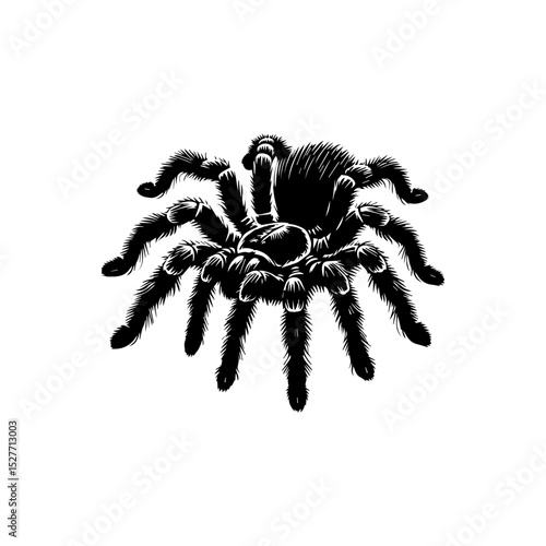 Intricate tarantula silhouette vector logo showcasing detailed hairy legs and menacing arachnid profile on pristine white background
