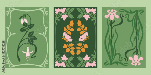 Art Nouveau style vector posters set. Vintage print designs with flowers, abstract florals compositions, whimsical frames