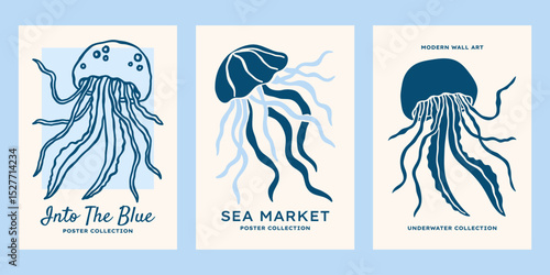 Underwater ocean creatures vector posters set. Minimalist retro sea print designs with jellyfishes illustrations