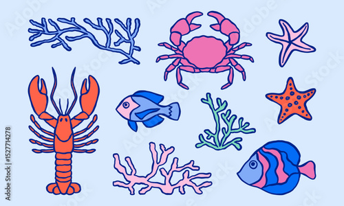 Underwater ocean life minimalist simple illustrations set. Sea fishes, starfishes, seaweeds, corals, crab, lobster vector doodles