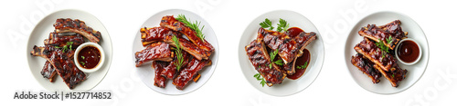 Grilled ribs arranged on white plates with sauce. isolated on transparent background