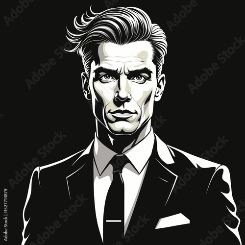Stylish man in suit with serious expression on black background