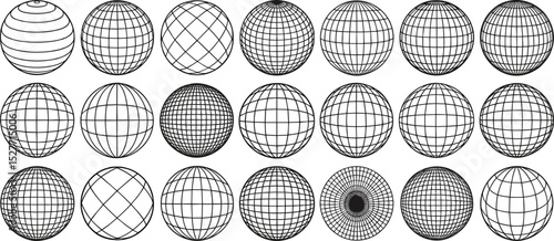 Vector globe wireframe collection, 3D sphere grid illustrations, abstract globe mesh shapes, global design set, digital earth elements pack