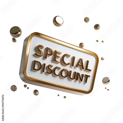 Elegant special discount sign with thick gold border and 3D gold font, surrounded by reflective golden spheres on a pristine white background